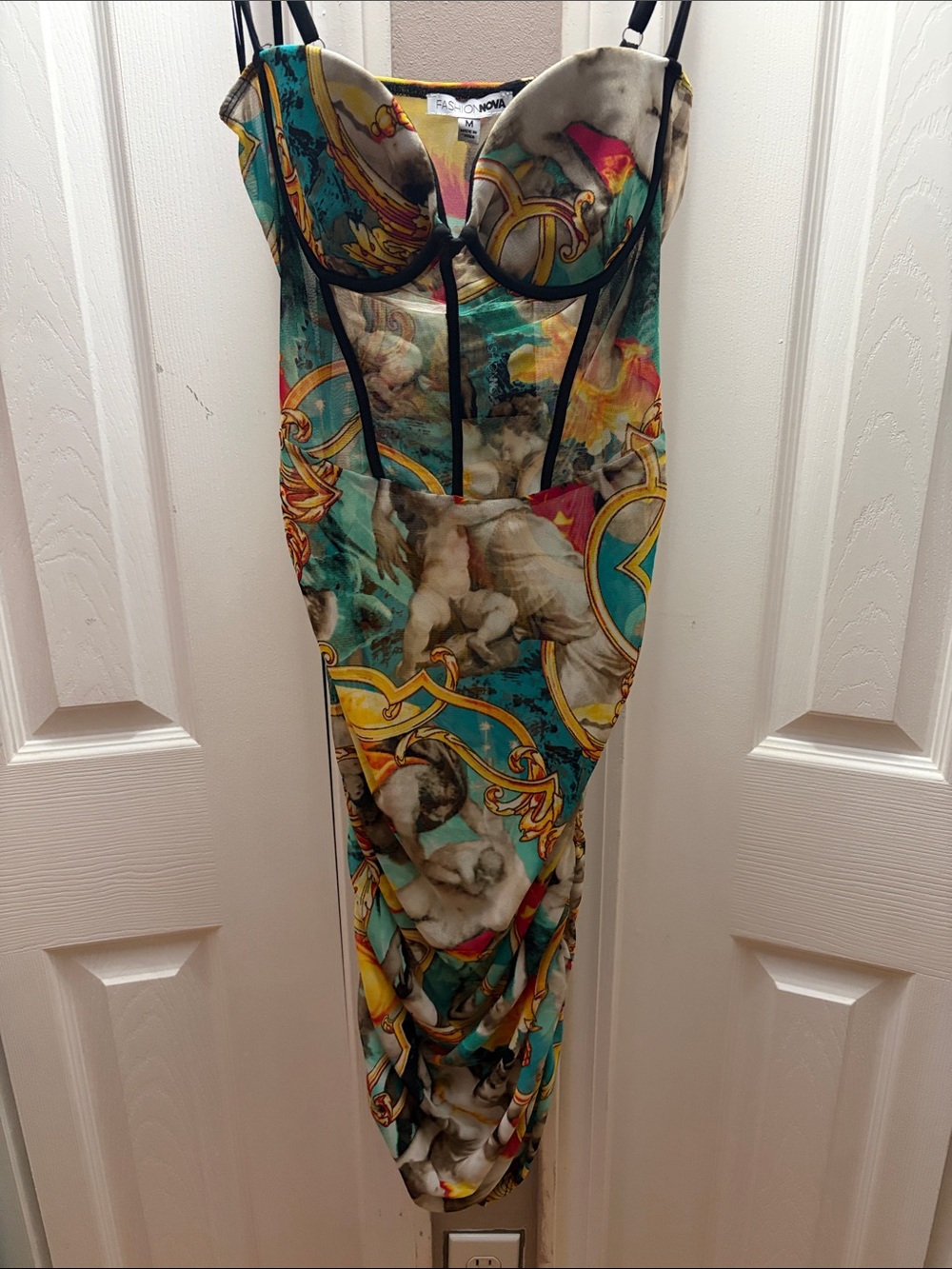 Fashion Nova Teal and Gold Strapless Corset Midi Dress with Ornate Print